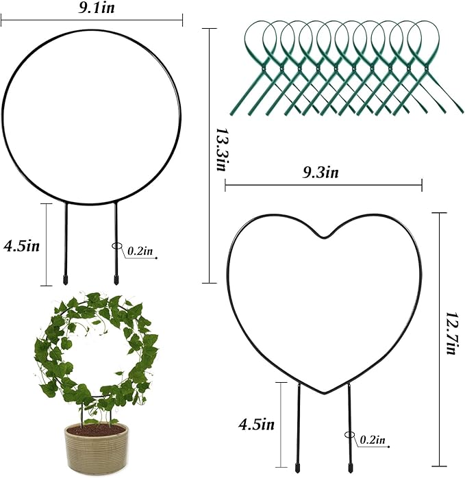 Legigo Black Metal Plant Support Trellis - Iron Vine Climbing Holder Rack with 10 Plant Twist Ties for Potted Flowers Indoor (2 Circles & 2 Hearts)
