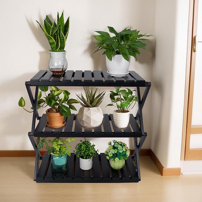 BEEFURNI Acacia Plant Stand Indoor, Wooden Outdoor Plant Stand, Foldable Plant Stand, 3 Tier Conner Space Flower Stand, Plant Ladder Stand (Black)