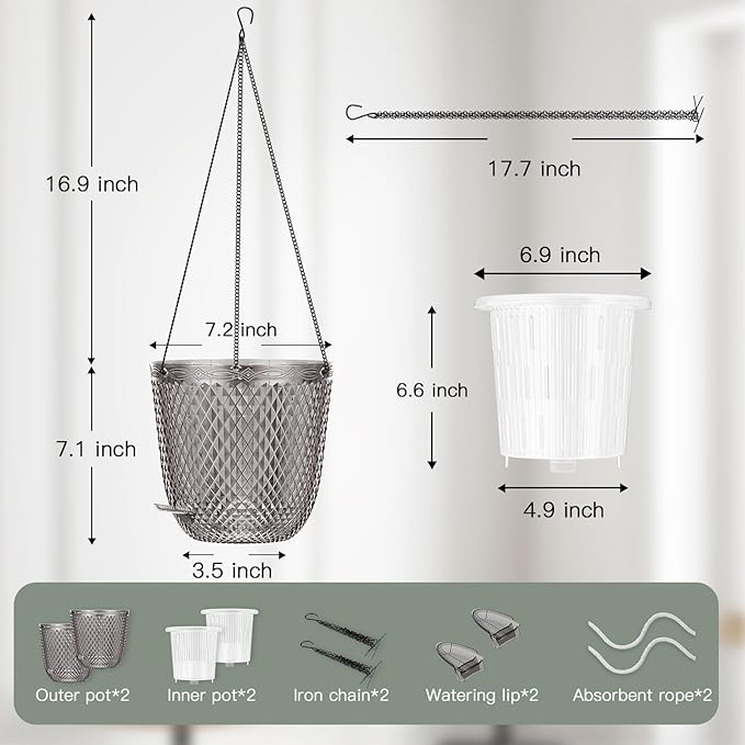QCQHDU Hanging Planters for Indoor Plants, 2-Pack 7.2 Inch Self Watering Hanging Pots, Plastic Plant Hanger with Drainage Holes and 3 Hooks Chains for Garden Home (Gray)