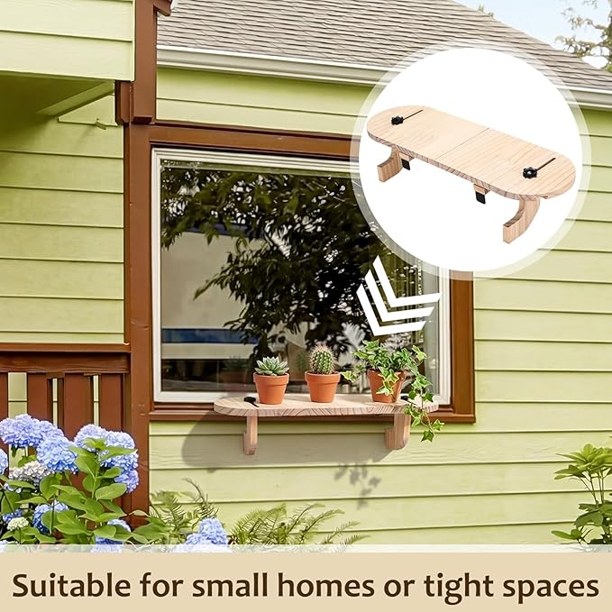 1 Pcs Natural Window Sill Plant Shelf for Plants 21.7 x 7.1 x 5.9 Inch Windowsill Extender Window Plant Floating Shelves No Drilling Wooden Bracket for Cat Perch Planters (Rounded Corner)