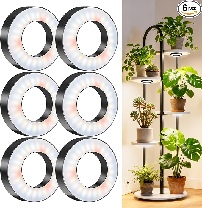 Wiaxulay Ceiling Grow Lights for Indoor Plants, 288 LED Full Spectrum 3.5in Halo Plant Grow Light, 12/3A Under Cabinet Grow Lamp with Auto Timer 6/12/16 Hrs, 3 Lighting Mode, 5 Brightness, Six Head