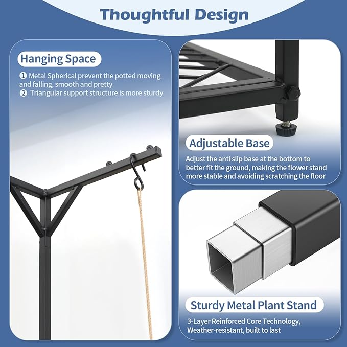 3 Tiered Hanging Plant Stand Indoor outdoor, Corner Plant Flower Stand for Multiple Plants, 67" Tall Plant Rack for 5 Potted Flowers,Plant Shelf for Living Room, Balcony, Patio, Garden, Square Black Metal