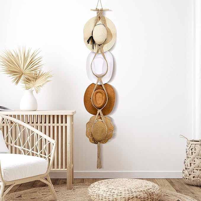 Yulejo Macrame Hat Hangers Boho Hat Rack Cowboy Hat Hanger Back of Door Hat Organizer (Beige,Four Hats Style)
