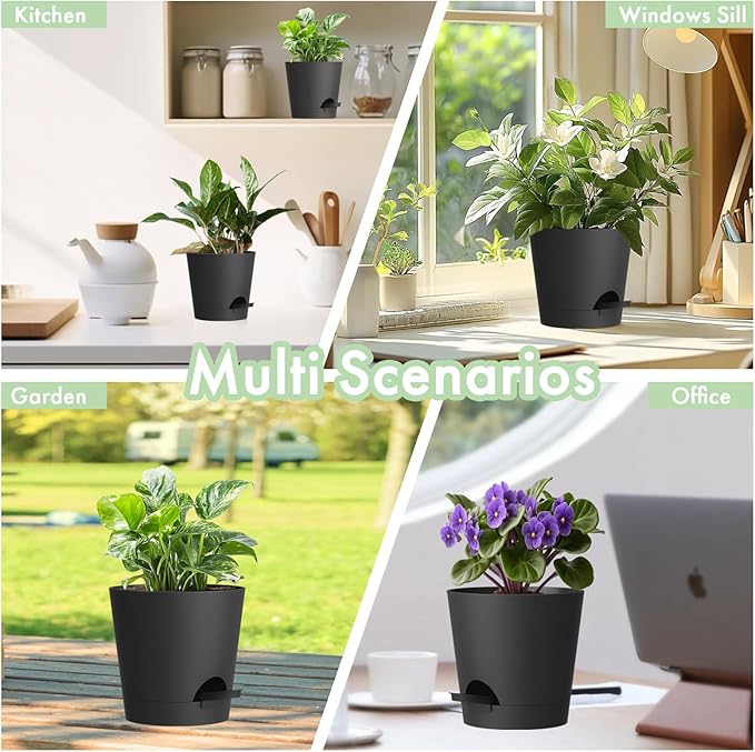 WSMKSZ 7/6.5/6/5.5/5/4 inch Self Watering Pots for Indoor Outdoor Plants, 6 Pack Plastic Flower Planters with Drainage Holes and Removable Saucers, Plant Pots with Wicking Rope, Modern Decor, Black