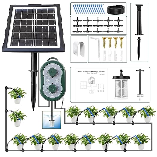 50FT Solar Automatic Drip Irrigation Kit System, Smart Self-Watering System with USB Charging for Outdoor Indoor Use, 2200mAh Automatic Watering System Supports 15 Pots for Garden, Balcony & Patio