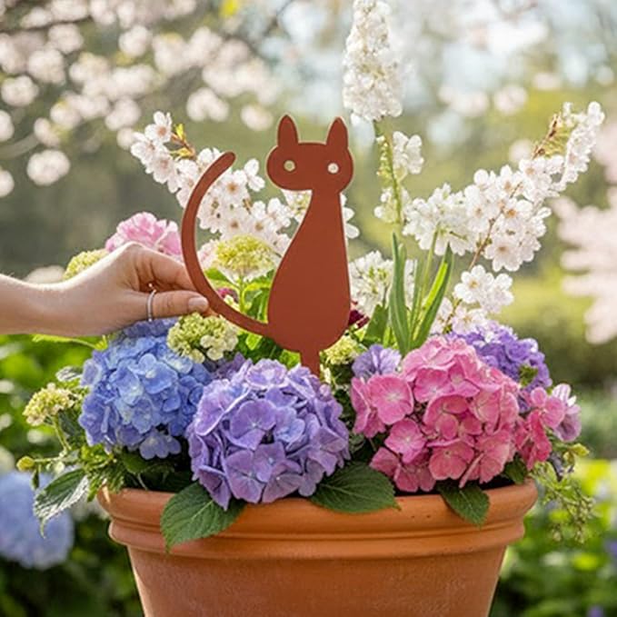 Elegant Cat Metal Garden Stake – Powder-Coated Steel Plant Pick for Pots & Planters, Rustic Indoor/Outdoor Decorative Accent