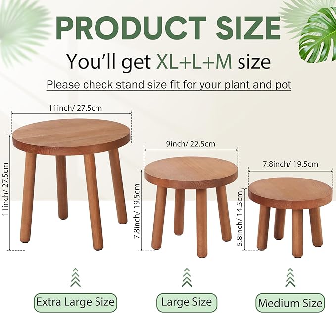 Pinkunn 3 Pcs Wood Plant Stand Indoor Plant Stand for 3-12 Inch Pots Mid-century Modern Plants Stool Plants Pot Holder Home Decor for Balcony Living Room Office Courtyard Detachable(Round Style)