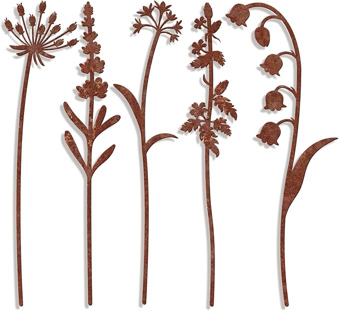 5 Pack Rust - Colored Metal Plant Stakes, Decorative Garden Stakes for Flower Bed & Yard, Metal Flower Decor for Outdoor Use, Yard Decor & Decorative Plant Stakes for Garden (Flowers, 5)