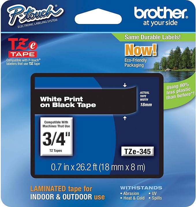 Brother Genuine P-Touch TZE-345 Tape, 3/4" (18 mm) Standard Laminated P-Touch Tape, White on Black, Laminated for Indoor or Outdoor Use, Water-Resistant, 26.2 ft (8 m), Single-Pack