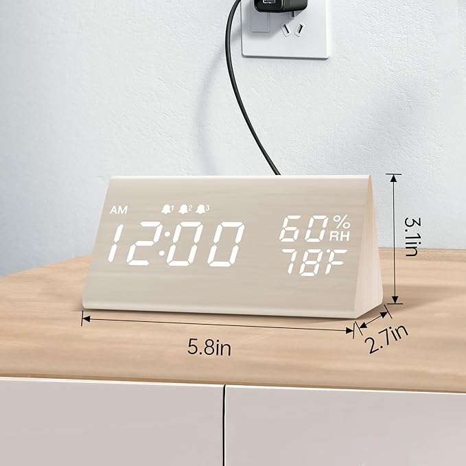 JALL Digital Alarm Clock, with Wooden Electronic LED Time Display, 3 Alarm Settings, Humidity & Temperature Detect, Wood Made Electric Clocks for Bedroom, Bedside (White)