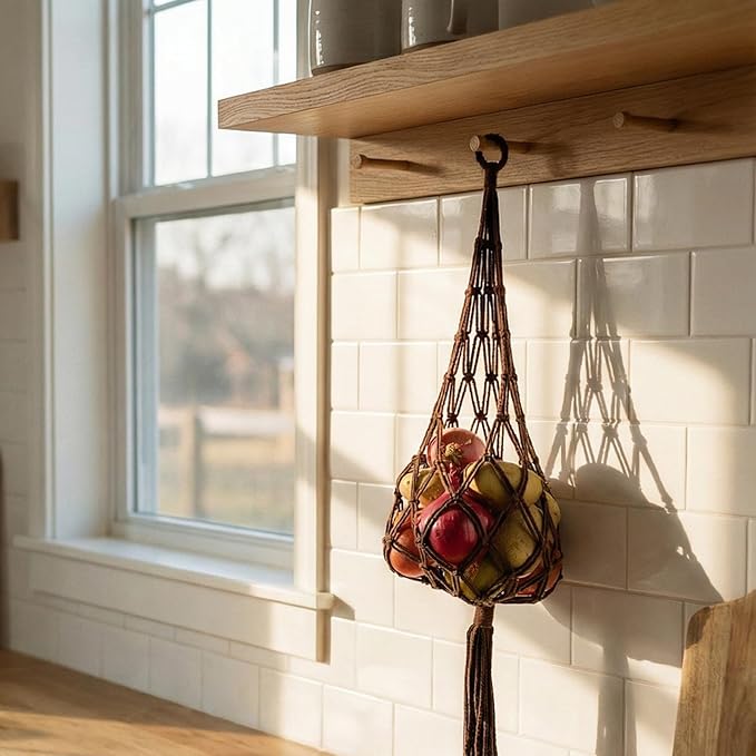 2-Pack Boho Macrame Hanging storage Bag, handmade vegetable basket hanging in the kitchen, handmade Net Storage Holder in Kitchen for Fruit/Vegetable/Patato/Tamato/Wine hanger Length:38" (Brown)