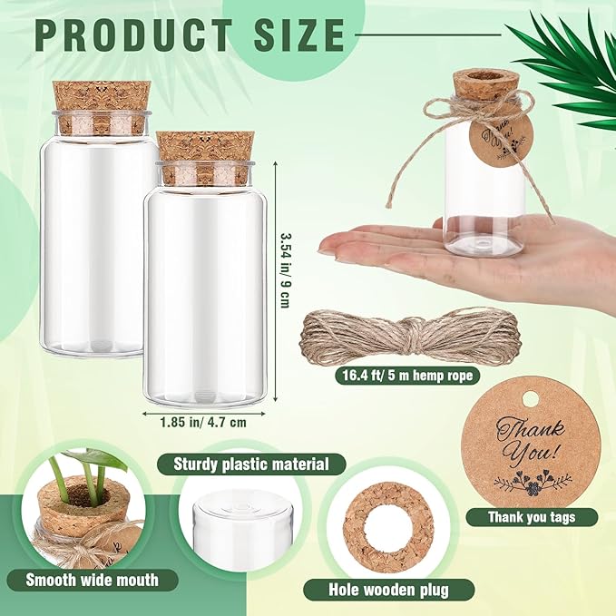 Baderke 3.54'' Plastic Plant Propagation Stations with Hole Lid 4oz Planter Vase Clear Propagation Jars with Thank You Tags for Plant Lover Gifts for Women Office Home Garden(12 Pack)