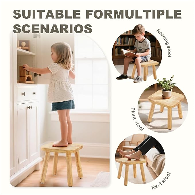 Frogprin Solid Wooden Step Stool for Kids Adults, Short Chair Toddlers Plant Stool, Kids Stool Perfect Matched Sensory Table, Multi-Purpose Sitting for Kitchen Playroom Bathroom Bedroom (1 Pack)