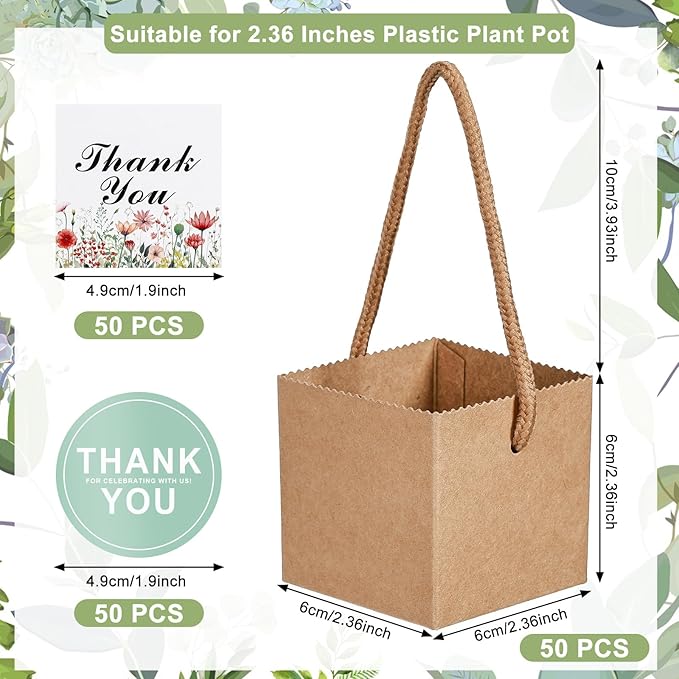 KesaPlan 50 PCS Succulent Wrap Bags with 100 PCS Thank You Stickers, Small Kraft Paper Succulent Gift Box for 2.36 Inch Pots, Wedding Party Favors for Guests Mini Succulent Pots Box for Baby Shower
