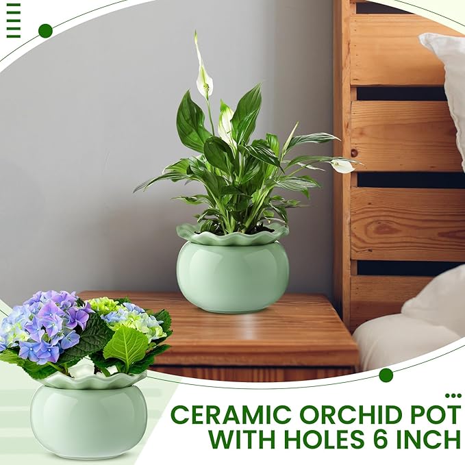 Suclain 2 Pack Ceramic African Violet Pots Self Watering Plant Pot Effortless Self Watering Plant Flower for Busy Lovers, Indoor(Green,6 Inch)