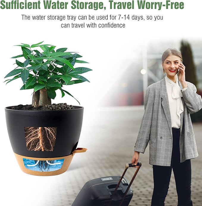 UOUZ 12 inch Large Self Watering Pots, Plastic Planters with 60oZ Removable Deep Reservoir and Multi Mesh Drainage Holes for Indoor Outdoor Garden Plants and Flowers, Black with Brown