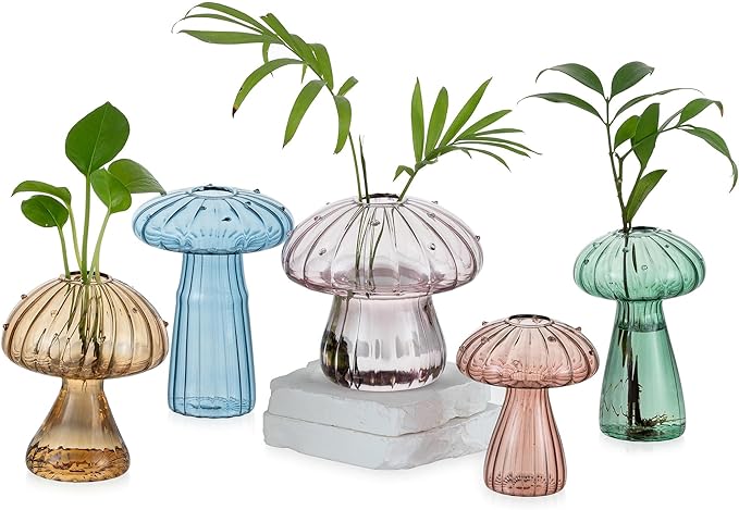 Glasseam Mushroom Propagation Stations for Plants: Colored Hand-Blown Cute Glass Planters for Indoor Plants - 5Pcs Small Hydroponic Terrarium Jars for Home Decor - Gifts for Women Mom Friends