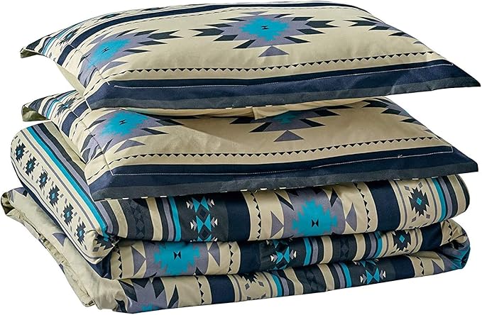 Chezmoi Collection 3-Piece Southwestern Geometric Tribal Multicolor Teal Beige Black Gray Comforter Set, Queen Size