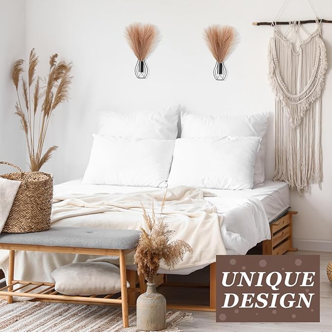 Otoolling 2 Pieces Hanging Plant Wall Decor with Artificial Pampas Grass Metal Hanging Vase Modern Geometric Farmhouse Bohemian Wall Art for Living Room Bedroom Kitchen Office(Black, Light Brown)