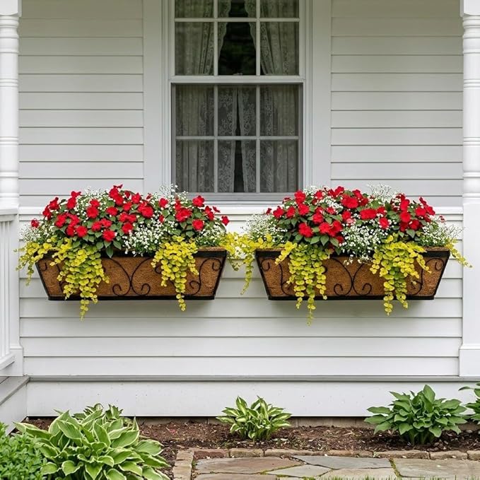 24 Inch Window Box Planter with Adjustable Brackets for Hanging Outdoor Plants, 4 Pack Railing Planter Boxes with Coco Liners for Balcony Deck Porch & Patio Garden Decor, Black