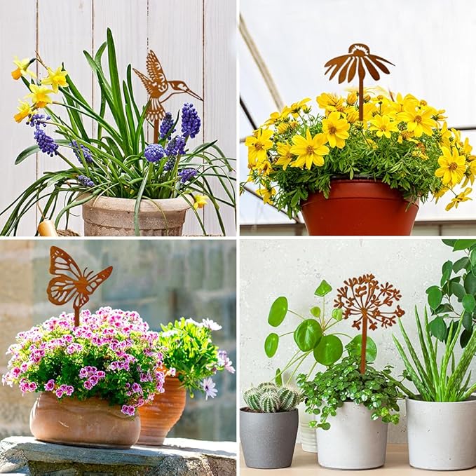 4Pcs Decorative Garden Stakes Plant Stakes Rusty Metal Flowers Hummingbird and Butterfly Garden Decor for Indoor Outdoor Patio Lawn Yard Art 14.18"