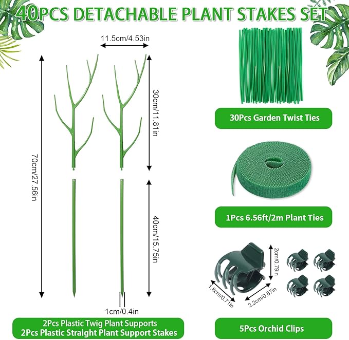 ROADPLUM 2 Pack 27.56" Detachable Twig Plant Support Stakes Set, Blends in to Plant, Branch Plant Sticks with Orchid Clips Twist Plant Ties, Twig Trellis for Indoor Outdoor Plants Potted Plants Flower