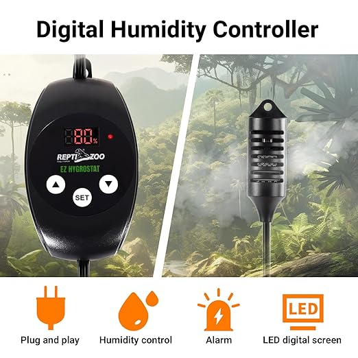 REPTI ZOO Reptile Digital Hygrometer Controller LED Humidistat Reptile Humidity Control for Reptile Terrariums Tank Reptile Humidifier Fogger Mushroom Greenhouse