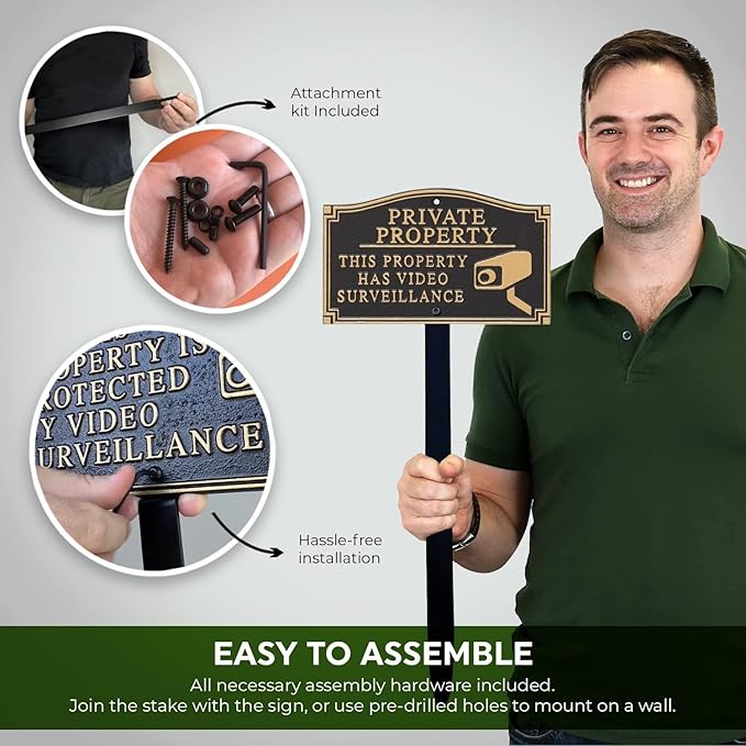 SmartSign “Private Property - This Property Has Video Surveillance” GardenBoss Statement Plaque | 5.75" x 9.5" Aluminum Plaque with 18" Black Lawn Stake, Made in USA