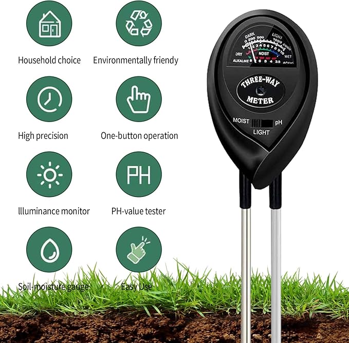 3-in-1 Soil Moisture Meter, Test Soil Moisture, Upgraded Stainless Steel Probe Soil pH/Light/Moisture Meter for Plants, Soil Test kit, Soil Tester for Garden, Farm, Lawn, Indoor & Outdoor