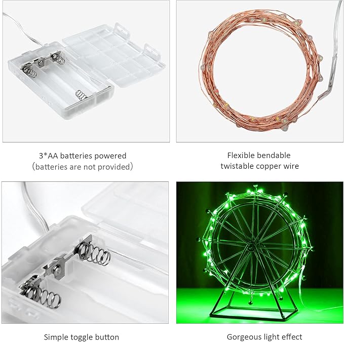 Ariceleo Mini St. Patrick's Day Fairy Lights Battery Operate, 4 Pack Copper Wire 3*AAA Battery Powered Led Starry Fairy String Lights for Bedroom, Christmas, Party, Wedding, Decoration(5m/16ft Green)