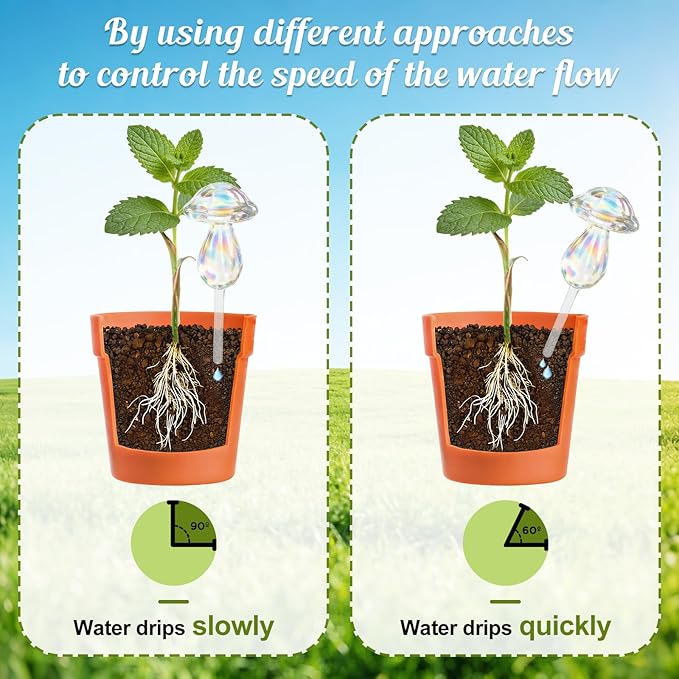 4pcs Plant Watering Globes Self Watering Planter Insert Devices,Glass Watering Bulbs Mushroom Pattern Watering Globes for Indoor Plants Top-Fill Watering Rainbow Colors (Mushroom)