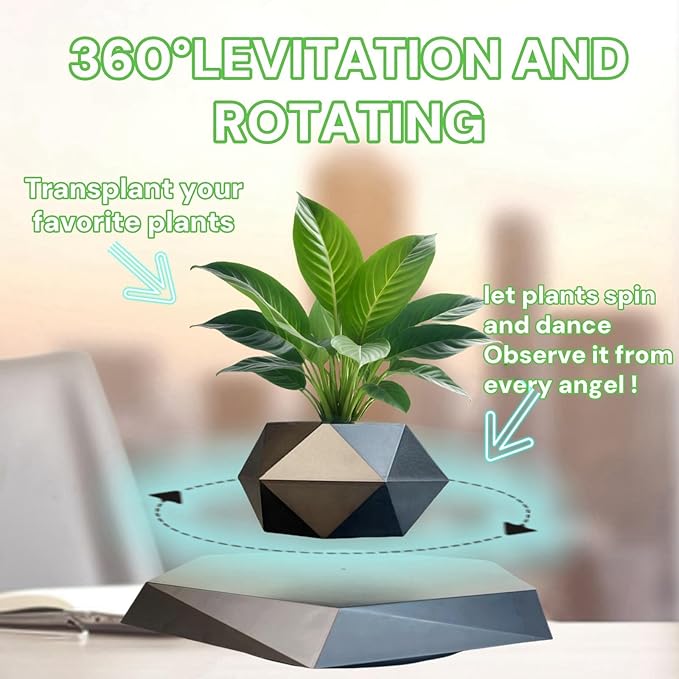 Levitating Plant Pot, Floating Plant Pot Small Floating Flower Pot, 360° Rotating Floating Pots for Plants, Floating Planter for Levitating Decor, Levitating Display Home Office Desk Decor (Black)