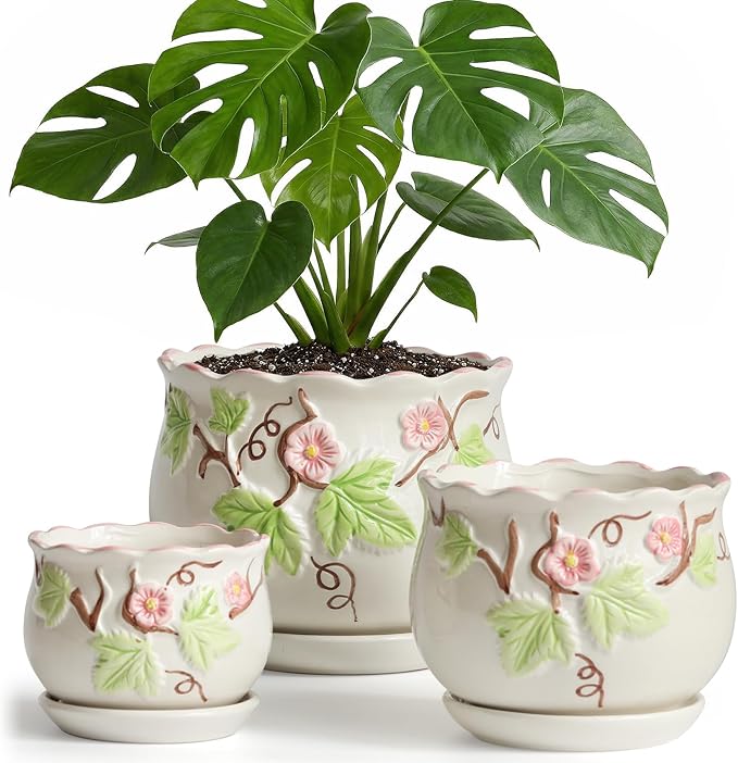 STHIE Ceramic Plant Pots with Drainage Holes and Saucers, Round Flower Pots for Indoor Plant, 4/5.2/6.6 Inches Vintage Flower Planters Set of 3