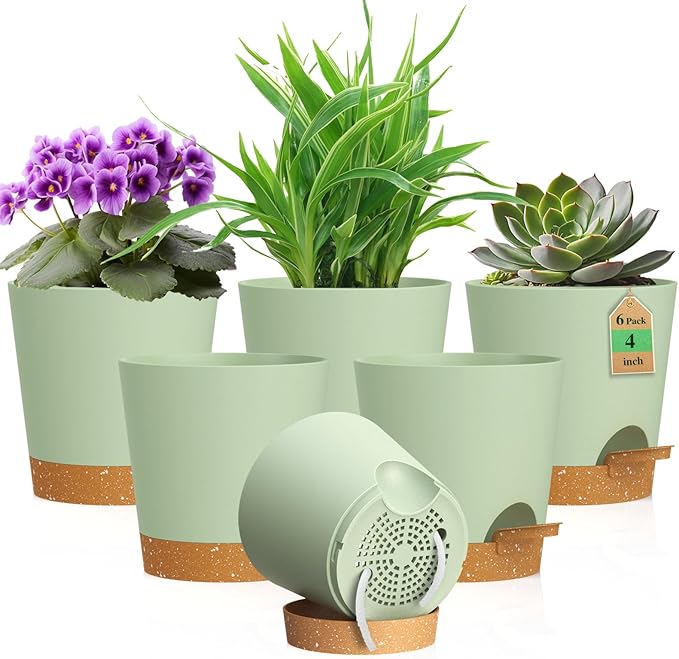 WSMKSZ 4 inch Self Watering Pots for Indoor Outdoor Plants, 6 Pack Plastic Flower Planters with Drainage Holes and Removable Saucers, Plant Pots with Wicking Rope, Modern Decor, Green Brown