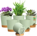 WSMKSZ 4 inch Self Watering Pots for Indoor Outdoor Plants, 6 Pack Plastic Flower Planters with Drainage Holes and Removable Saucers, Plant Pots with Wicking Rope, Modern Decor, Green Brown