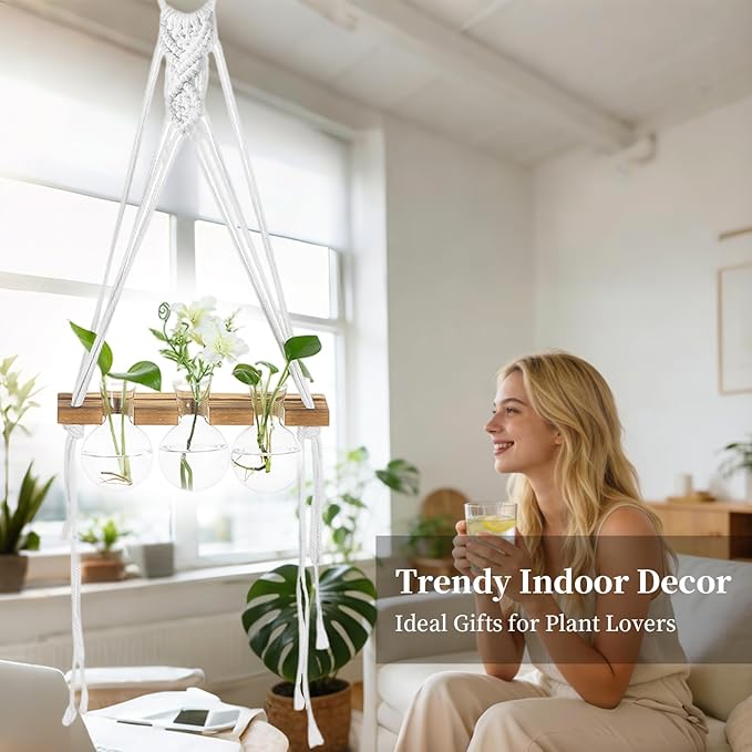 Glasseam Hanging Macrame Propagation Stations: Wall Window Glass Propagation Vases for Hydroponics Plants - Boho Decor Small Plant Terrarium Jars - Gifts for Women Mom Plants Lovers