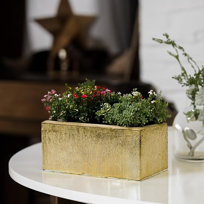 WGVI Long Rectangle Ceramic Planter Vase in Gold Etched 12" x 4" x 4"H, Block Rectangular Terrarium Box Pot, Flower Arrangement, Table top Centerpiece, Home Decor Storage Container, Bulk, 6 Pcs.