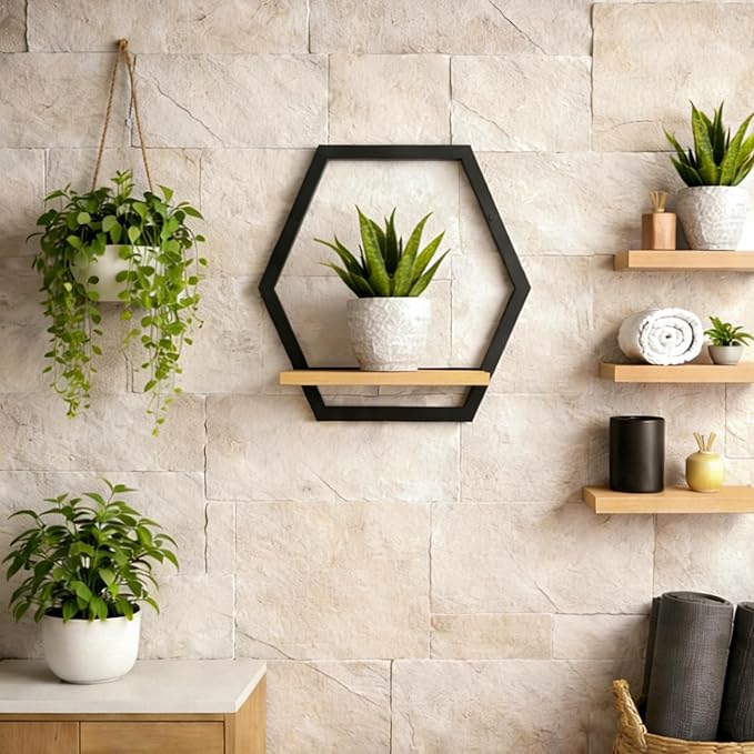 3 Pack Solid Wood & Heavy Duty Metal Wall Plant Stands,9 inch Natural Wood Shelf, Boho Arch Hanging Planter for Indoor 25 LB Load for Plants Black