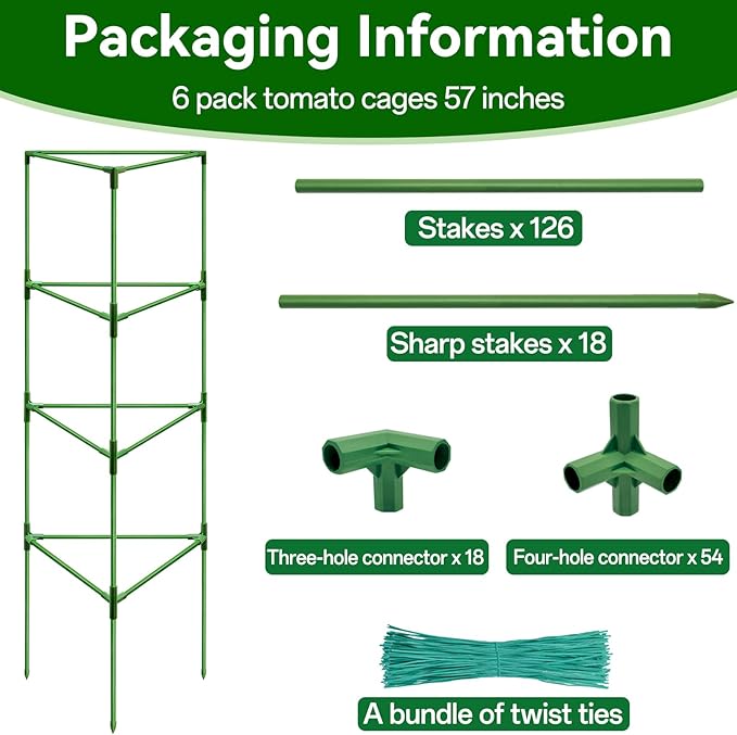 Halatool 6 Pack Heavy Duty Tomato Cages, 57 Inch Tall Metal Plant Supports Stakes for Outdoor Garden, Adjustable Foldable Steel Trellis for Climbing Plants Cucumbers Peppers Flowers Vegetables Fruits