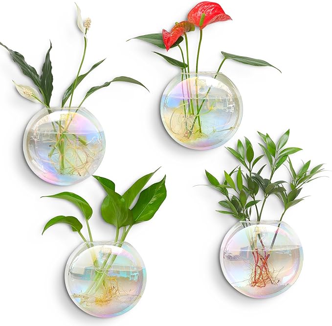 Kingbuy Wall Hanging Glass Planters Propagation Station - 4 Pack Iridescent Oblate Globe Flower Vases for Air Plants, Glass Terrariums with Floating Holders, Boho Indoor Hydroponic Home Office Decor