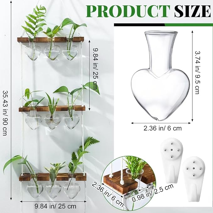 Leinuosen Wall Hanging Plant Propagation Stations Mother Gifts for Her Plant Lovers 3 Tiered 9 Heart Shaped Glass Vases Terrarium with Wooden Stand for Hydroponics Indoor Garden Home Decor(Clear)