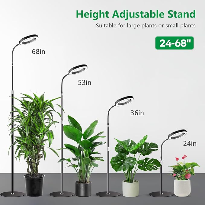 Aumtrly Grow Lights for Indoor Plants, Full Spectrum Floor Standing Plant Lights with 68" Stand for Growing Large Tall Plants, Black Halo LED Plant Grow Light with 6/12/16H Timer