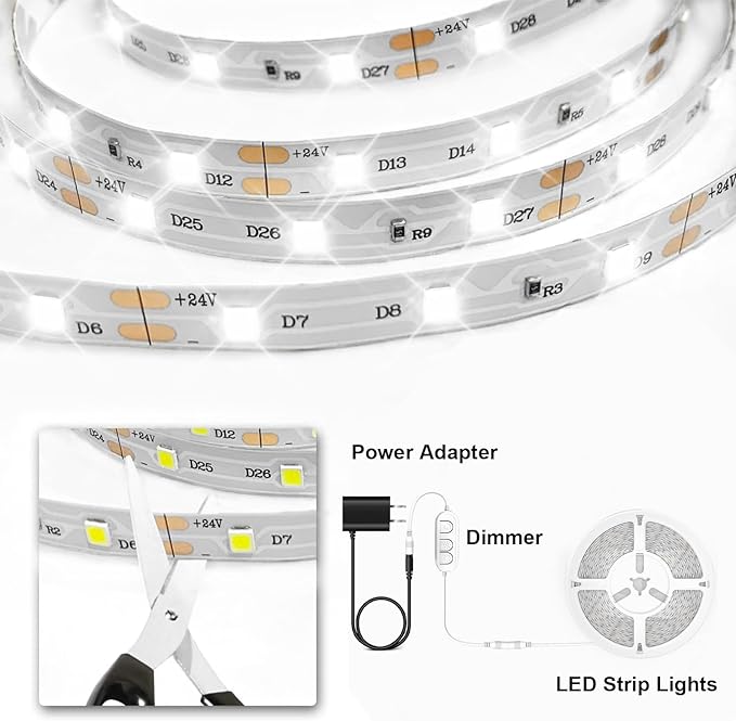 phopollo White LED Strip Lights, 16.4ft Dimmable 6500k Daylight White Led Light Strip, 300 LEDs Flexible Led Lights for Bedroom, Mirror, Kitchen Decoration