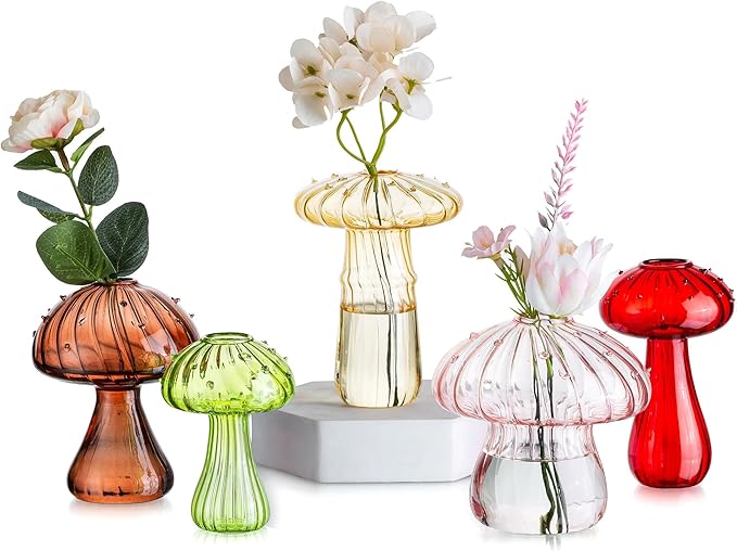 Glasseam Mushroom Flower Bud Vases: Set of 5 Cute Colored Glass Small Vase for Flowers, Unique Aesthetic Decorative Vases for Home Decor, Hydroponic Plant Vase Indoor for Dining Room Centerpieces