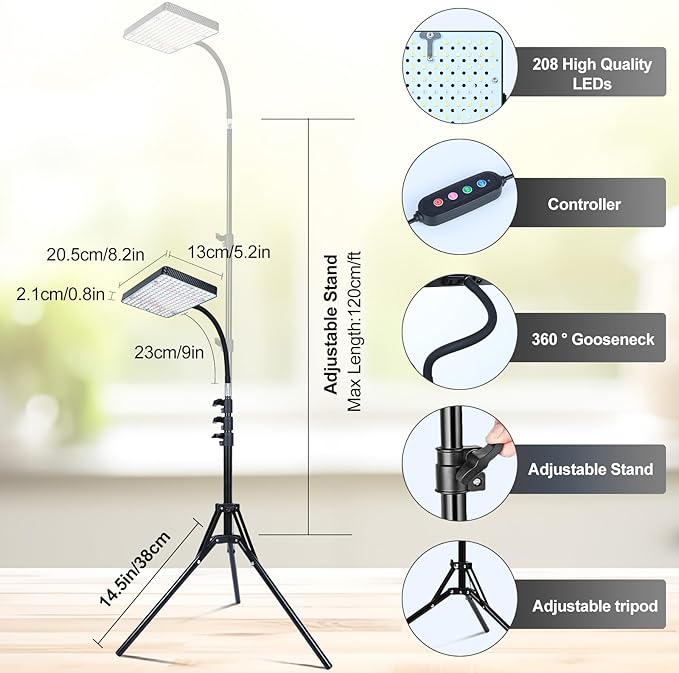 25 Watt Grow Light with Stand, Enough Bright, NO Need Adapter, 4/8/12/16/20H 5-Mode Timer, Natural Sunlight Full Spectrum Plant Growing Lamps for Tall Houseplants & Bonsai Tree