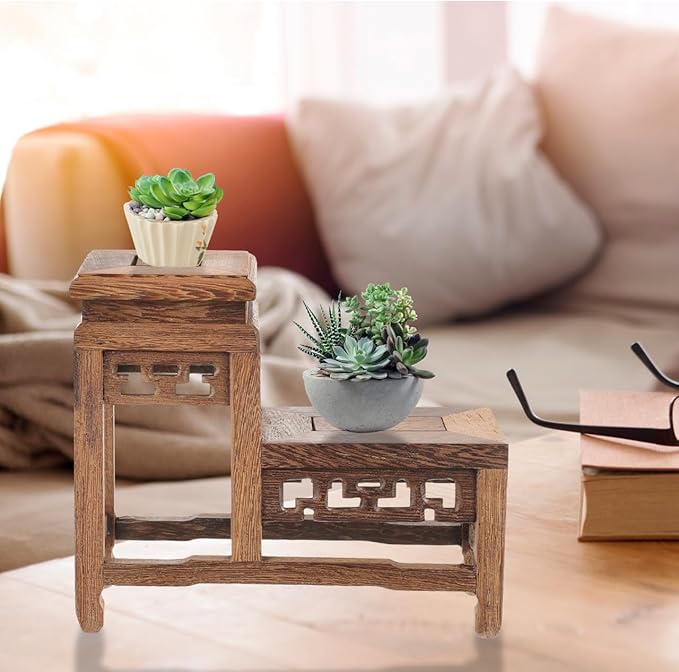 DOITOOL Wooden Plant Stand Indoor 2 Tier Wood Plant Shelf Wooden Planter Risers Flower Stand Vintage Display Planter Display Figurine Display Base for Home Garden