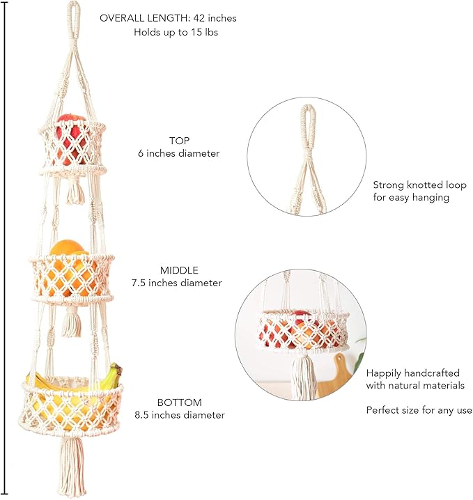 SnugLife Macrame 3 Tier Hanging Basket - Space Saving Hanging Fruit Basket for Kitchen or Decorative Boho Decor Hanging Plant Holder - Use for Produce Baskets, Indoor Planter Hangers, 42 Inches Beige