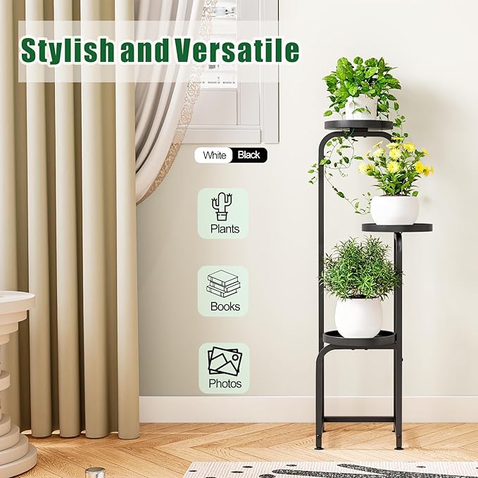 INGIORDAR Plant Stand Indoor Outdoor 3 Tier Metal Plant Shelf for Multiple Plants Corner Flower Holders for Living Room Balcony Bedroom Patio Garden, Black (Black, 3-Tier)