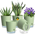 Meowell 4 inch Self Watering Pots for Indoor Plants, 5 Pack Small Flower Plant Pots with Drainage Holes and Clear Reservoirs, Visible Water Level, Plastic Planters with Wicking Rope, Green