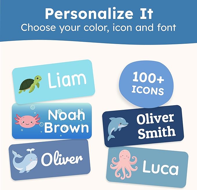 Personalized Name Labels for Kids (210 Labels) - Durable & Waterproof Custom Name Stickers for Clothing Tags, School Supplies, Camp & Daycare - Playful Sea (1.2”x0.5”)